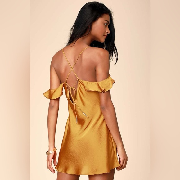 FREE PEOPLE What I Want Golden Yellow Satin Off-the-Shoulder Slip Dress (D10) - Picture 8 of 9